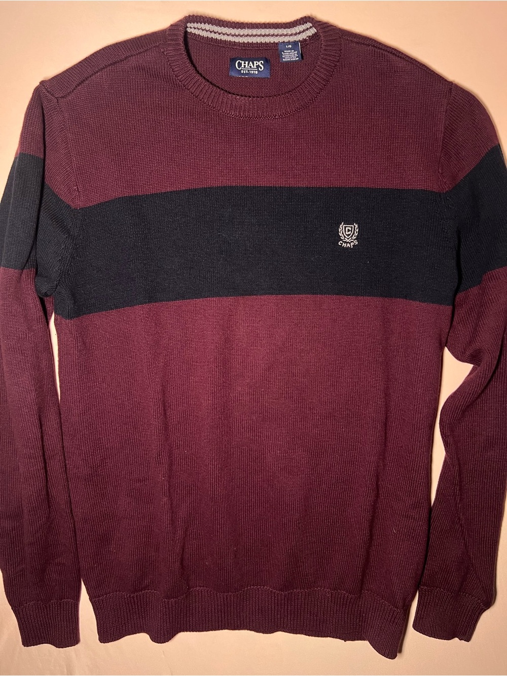 Chaps Men's Burgundy and Black Striped Crewneck Sweater